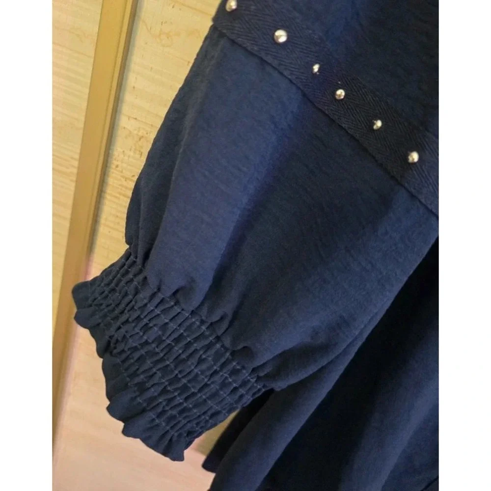 Notations Woman Navy Blue Studded Split Neck Blouse 2X Smocked Cuff Top